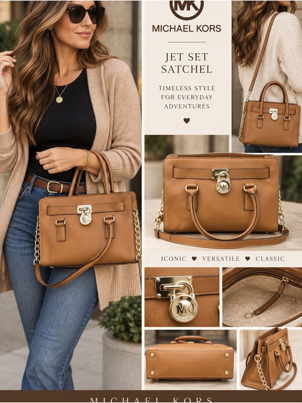 Michael Kors Jet Set Pecan Brown Leather Satchel Shoulder Bag Authentic